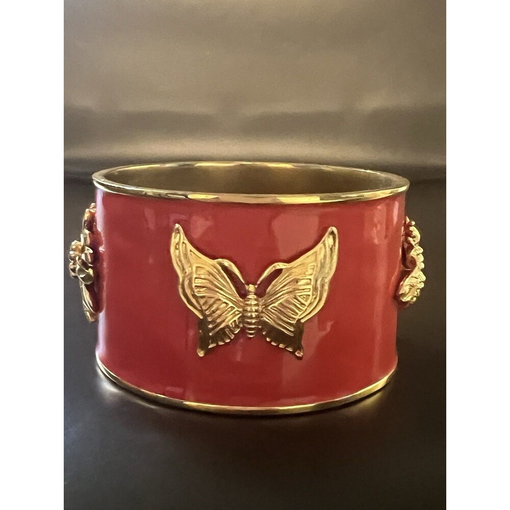 VTG Monet Red Enamel Gold Tone Bee Butterfly Floral Wide Cuff Bracelet Statement
